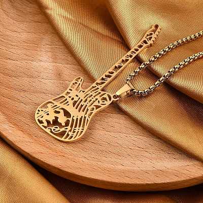 201 Stainless Steel Hollow Guitar Pendant Box Chain Necklaces NJEW-M086-03G-1