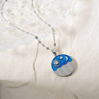 Elegant Brass Marine Blue Enamel Wave Sun Moon Pendant Necklaces WB9731-1-1