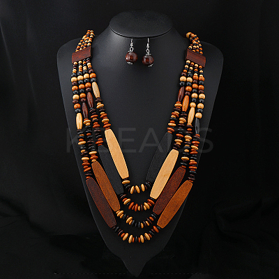 Bohemian Style Wood Beaded Multilayer Necklaces & Dangle Earrings Sets WG93846-05-1