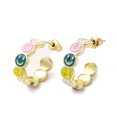 Smiling Face Real 18K Gold Plated Brass Stud Earrings EJEW-L268-016G-04-1