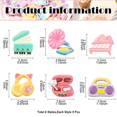 30Pcs 6 Styles Opaque Music Theme Resin Cabochons CRES-YW0002-48-1