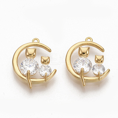 Brass Clear Cubic Zirconia Kitten Pendants ZIRC-Q021-013G-NF-1