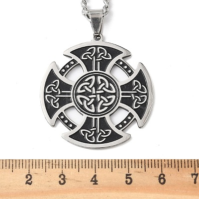 201 Stainless Steel Black Enamel Viking Kont Cross Pendant Necklaces NJEW-H065-12P-1