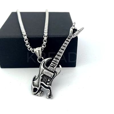 Punk Fashion 304 Stainless Steel Skull Guitar Pendant Necklaces for Unisex CY1349-1