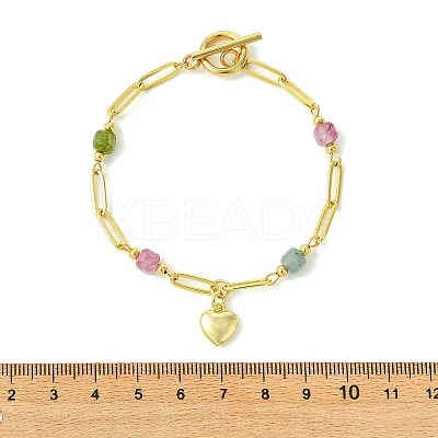 Brass Heart Charm Natural Mixed Stone Faceted Cube Beaded Chain Bracelets BJEW-JB14257-1