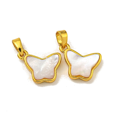 Rack Plating Brass Pave Natural White Shell Butterfly Charms KK-U025-01G-01-1