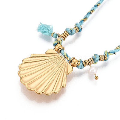 304 Stainless Steel Shell Shape Pendant Cotton Cord Necklaces NJEW-C093-05C-G-1