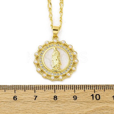 Brass Clear Cubic Zirconia Flat Round with Virgin Mary Pendant Necklaces NJEW-C071-07A-G-1