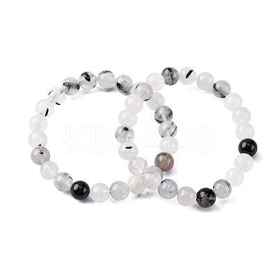 Natural Tourmalinated Quartz Round Beaded Stretch Bracelets for Men Women BJEW-G743-01C-1