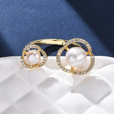 Brass with Natural Pearl Adjustable Cuff Rings RJEW-Q023-03G-1