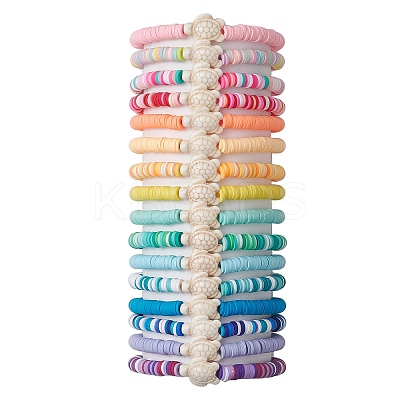 16Pcs 16 Colors Dyed Synthetic Turquoise and Handmade Polymer Clay Beaded Stretch Bracelets Sets BJEW-JB10763-1