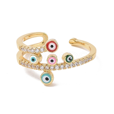 Enamel Evil Eye Open Cuff Ring with Clear Cubic Zirconia X-RJEW-P032-43G-1