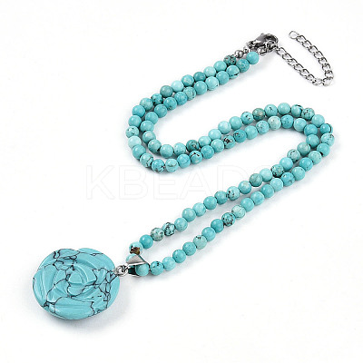 Synthetic Turquoise 4.5mm Round Beaded Flower Pendant Necklaces NJEW-T016-04G-1