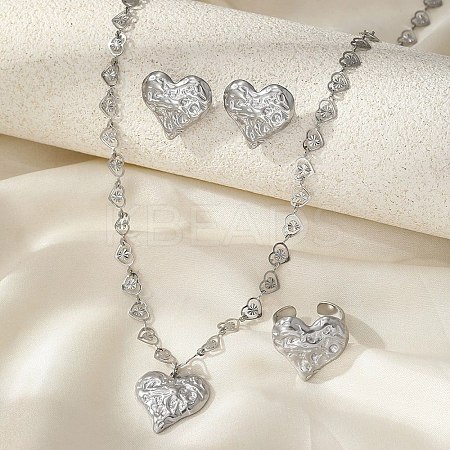 Heart 304 Stainless Steel Pendant Necklaces & Stud Earrings & Cuff Ring Sets for Women LS-SJEW-F226-01P-1