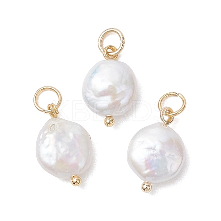 Natural Baroque Keshi Pearl Flat Round Charms with Brass and 304 Stainless Steel Findings PALLOY-JF04915-1