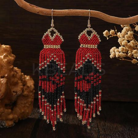 Handmade Bohemian Glass Seed Beads Long Dress Tassel Dangle Earrings MO3708-2-1