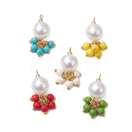 5Pcs 5 Colors ABS Plastic Imitation Pearl Round & Dyed Synthetic Turquoise Tassel Pendants PALLOY-JF03515-1