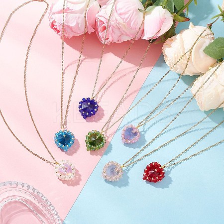 7Pcs 7 Colors Glass & Glass Seed Beaded Heart Pendant 304 Stainless Steel Cable Chain Necklaces for Women NJEW-MZ00131-1