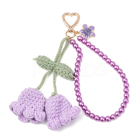 Handmade Cotton Yarn Crochet Lily of the Valley & Glass Pearl Round Bead Pendant Decorations HJEW-JM04389-01-1