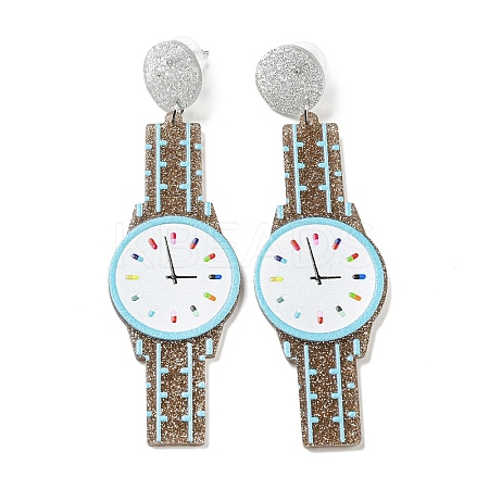 Sparkling Acrylic Watch Dangle Stud Earrings with 304 Stainless Steel Pins LS-EJEW-C063-01F-1