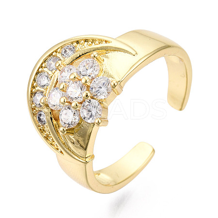 Cubic Zirconia Moon with Flower Open Cuff Ring RJEW-N037-039F-1