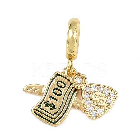 Brass Micro Pave Clear Cubic Zirconia 100 Dollars European Dangle Charms KK-I352-17G-1