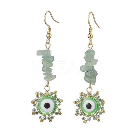 Evil Eye Natural Green Aventurine Chip & Seed Beads Dangle Earrings EJEW-MZ00166-04-1