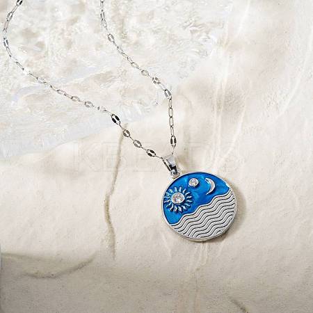 Elegant Brass Marine Blue Enamel Wave Sun Moon Pendant Necklaces WB9731-1-1
