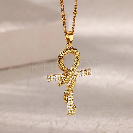 Brass Micro Pave Clear Cubic Zirconia Snake Wrapped Ankh Cross Pendant Necklaces NJEW-S446-01G-1