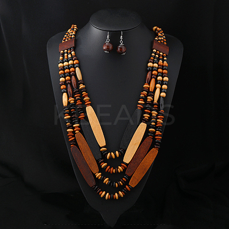Bohemian Style Wood Beaded Multilayer Necklaces & Dangle Earrings Sets WG93846-05-1