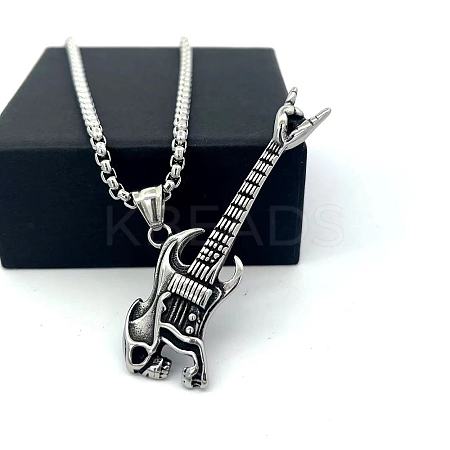 Punk Fashion 304 Stainless Steel Skull Guitar Pendant Necklaces for Unisex CY1349-1
