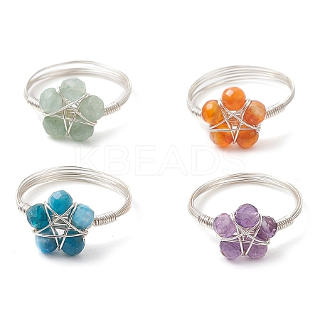 Flower Natural Green Aventurine & Carnelian & Amethyst & Apatite Finger Rings RJEW-TA00158-1