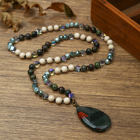 Natural Indian Agate Flat Teardrop Pendant Round Gems and Cube Glass Beaded Long Necklaces for Women FS-WG9FE58-04-1