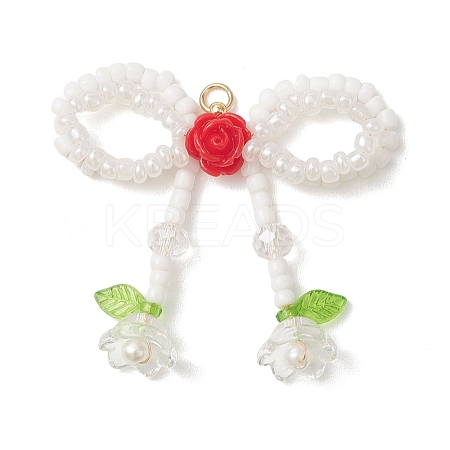 Glass Seed Beaded Bowknot & Flower Pendants PALLOY-MZ01220-02-1
