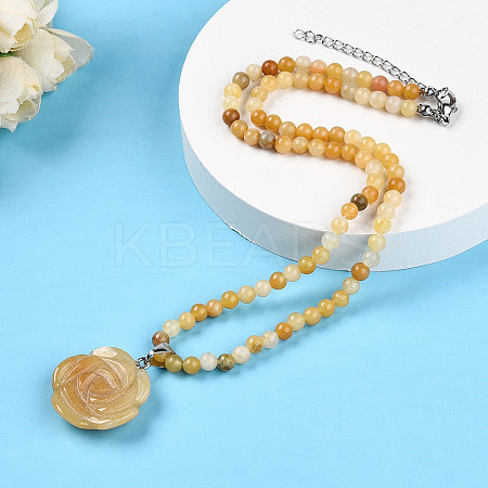 Natural Topaz Jade 4.5mm Round Beaded Flower Pendant Necklaces NJEW-T016-04N-1