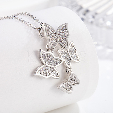 Brass Micro Pave Clear Cubic Zirconia 4 Butterfly Pendant Necklaces for Women FS-WG1F8BB-01-1