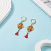Glass Seed Braided Rhombus with Cotton Tassel Dangle Leverback Earrings EJEW-MZ00042-2