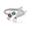 Rack Plating Brass Micro Pave Cubic Zirconia Open Cuff Ring with Plastic Pearl Beaded RJEW-Q777-15P-2