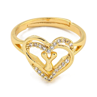 Heart with Letter Rack Plating Brass Micro Pave Clear Cubic Zirconia Adjustable Rings for Women RJEW-I105-01G-Y-1