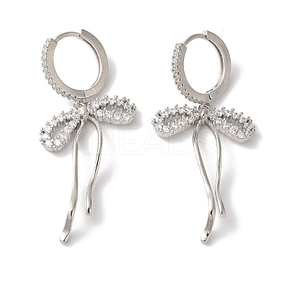 Bowknot Brass Micro Pave Clear Cubic Zirconia Hoop Earrings for Women LS-EJEW-A110-03P-1
