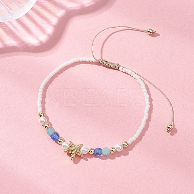 Starfish Natural Agate & Amazonite & Shell Pearl Beads Braided Bead Bracelets for Women BJEW-JB12765-01-1
