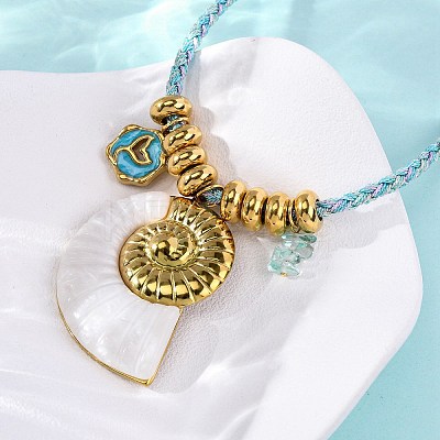 304 Stainless Steel Enamel & Natural Shell Pendant Cord Necklaces NJEW-L465-09G-01-1