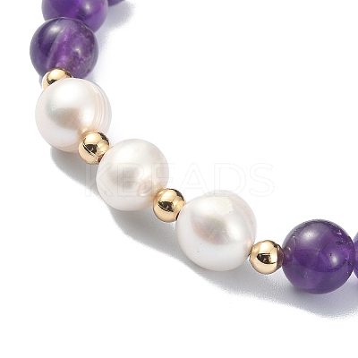 Natural Amethyst & Pearl Beaded Stretch Bracelet for Women BJEW-JB09384-03-1