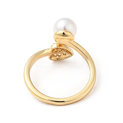 Clear Cubic Zirconia Heart Open Cuff Ring with Acrylic Pearl KK-E060-21G-1