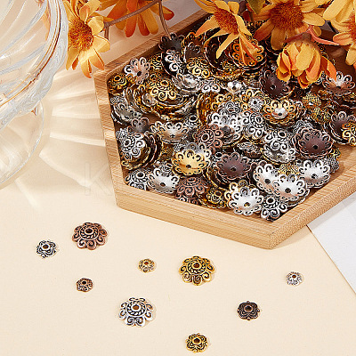 450Pcs 9 Styles  Tibetan Style Alloy Flower Bead Caps TIBE-GO0001-01-1