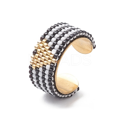 Glass Seed Beaded Heart Open Cuff Rings RJEW-MZ00009-1