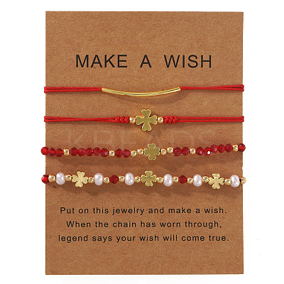 Faux Pearl & Brass & Glass Braided Bead Bracelet Sets WG4426-16-1
