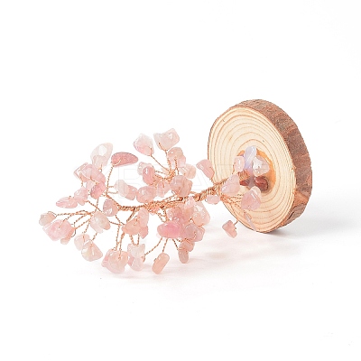 Natural Rose Quartz Chips with Brass Wrapped Wire Money Tree on Wood Base Display Decorations DJEW-B007-05G-1