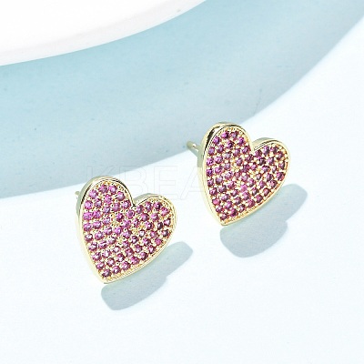 Heart Brass Micro Pave Cubic Zirconia Stud Earrings EJEW-H178-01G-01-1