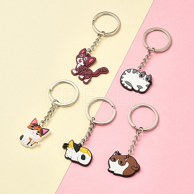 5Pcs 5 Style Cute Cartoon PVC Plastic Cat Pendant Keychain KEYC-YW0001-17-1